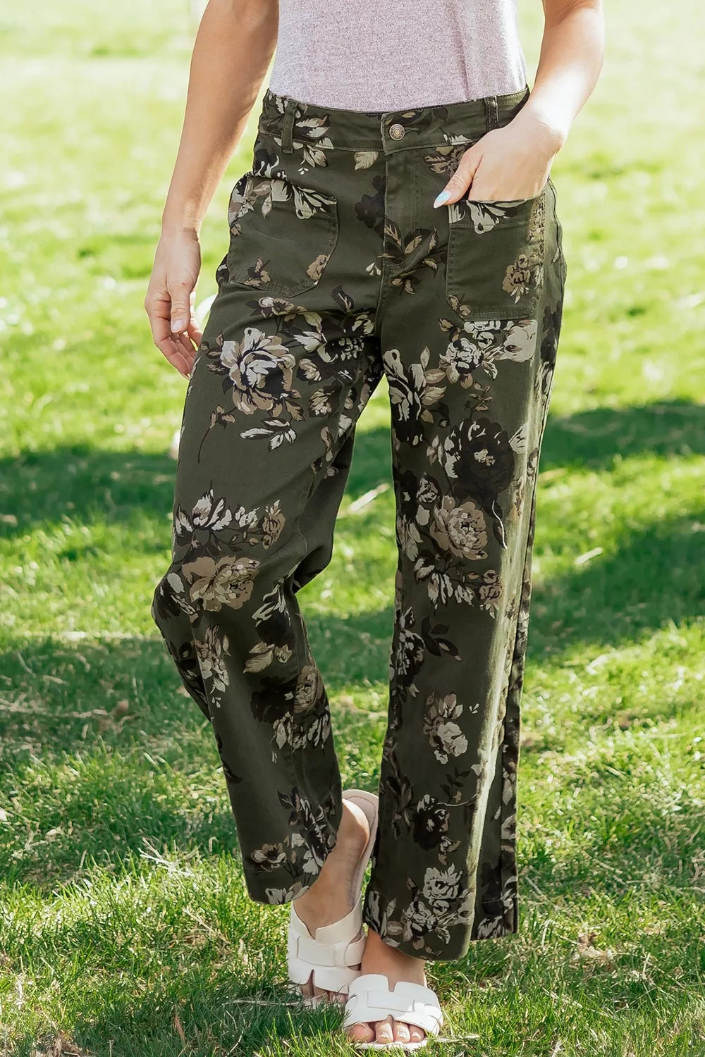 Vintage Style Floral Print High Waist Wide Leg Jeans