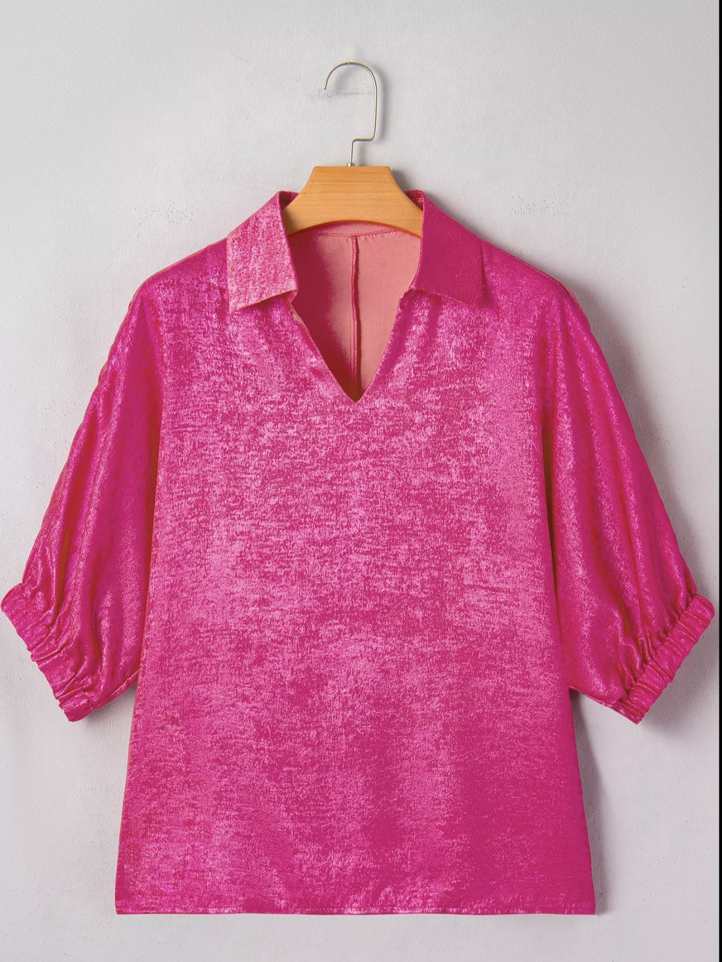 Collared V Neck Half Sleeve Metallic Top