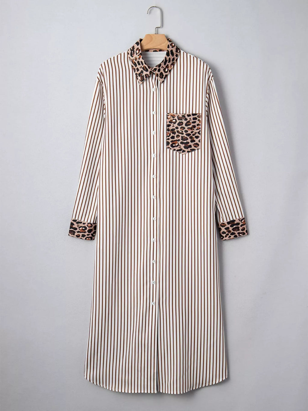 Striped Leopard Print Button Up Shirt Dress