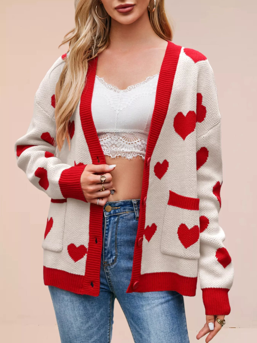 Heart Pattern Button-Up Knit Cardigan