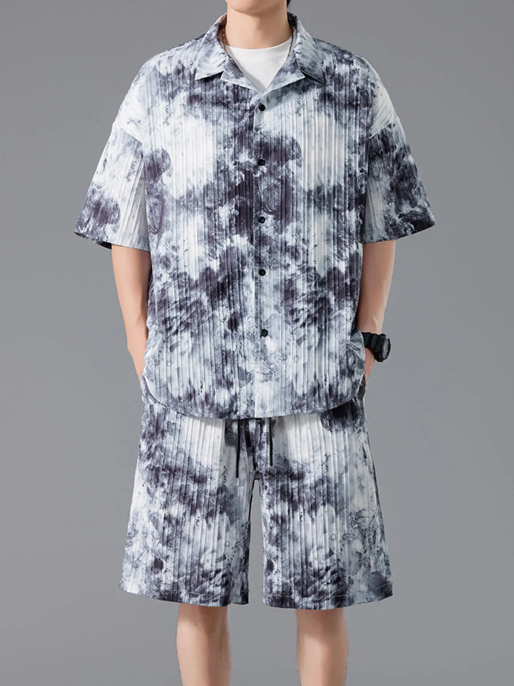 Men's Full Size Tie-Dye Casual Shirt and Shorts Set Plus Size