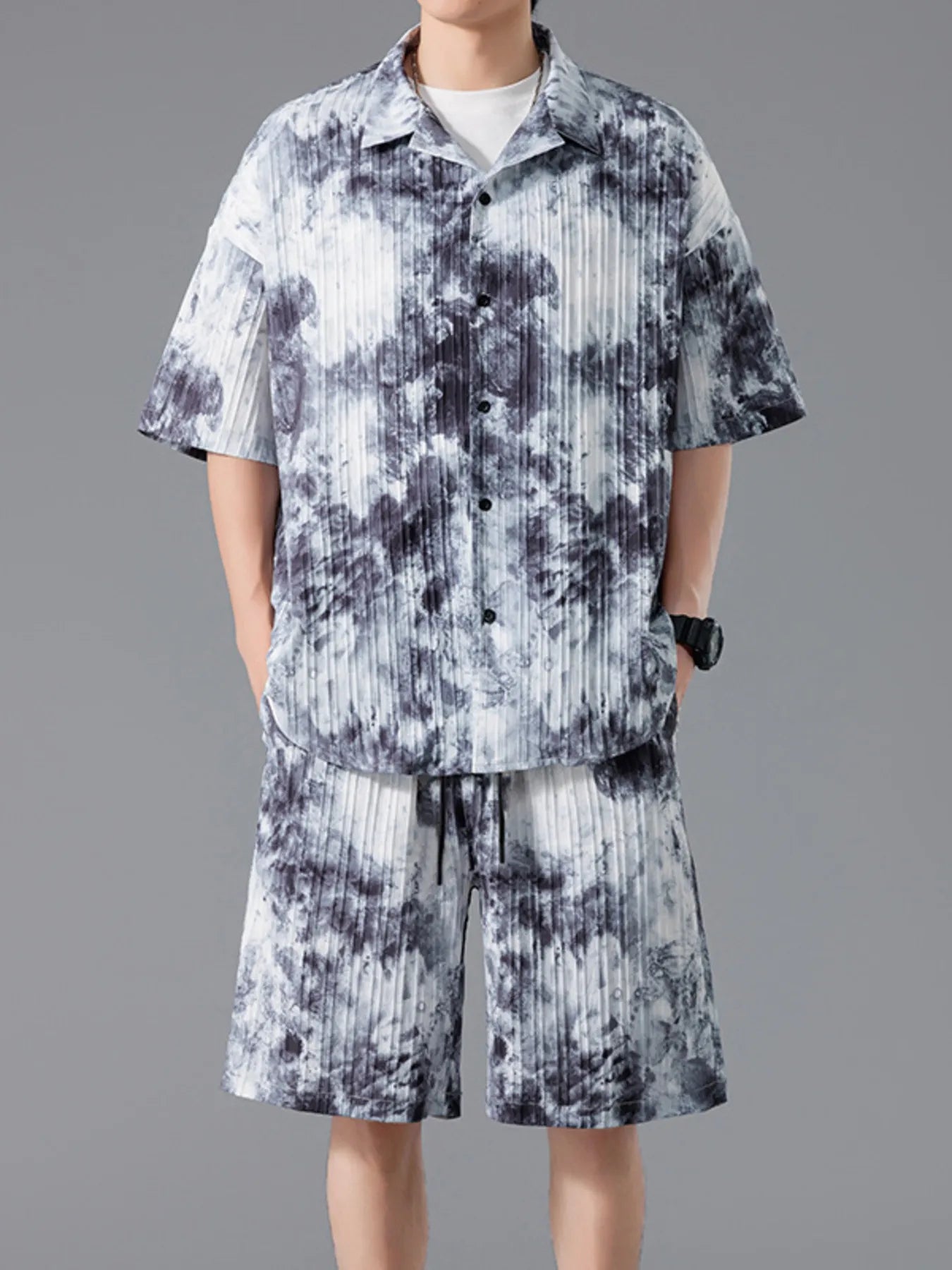 Men's Full Size Tie-Dye Casual Shirt and Shorts Set Plus Size