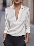 Satin Johnny Collar Long Sleeve Blouse