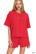 Zenana Raised Rib Short Sleeve Tee and Drawstring Shorts Set