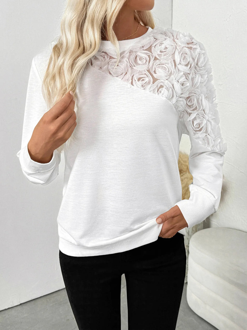 Rose Embroidered Long Sleeve Sweatshirt