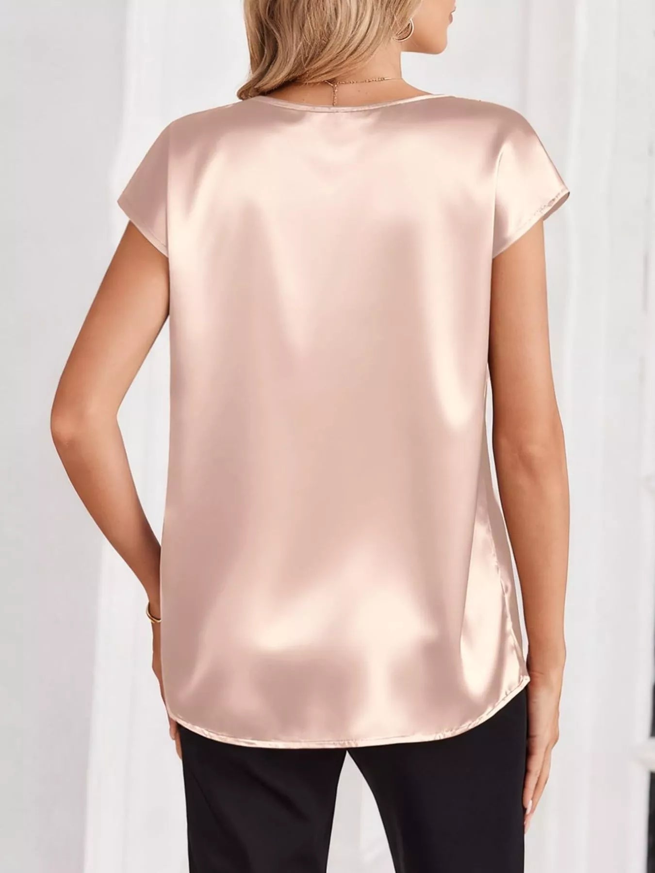 Satin V-Neck Cap Sleeve Blouse