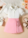Children’s Rhinestone Collar Blouse & Heart Buckle Skirt Set