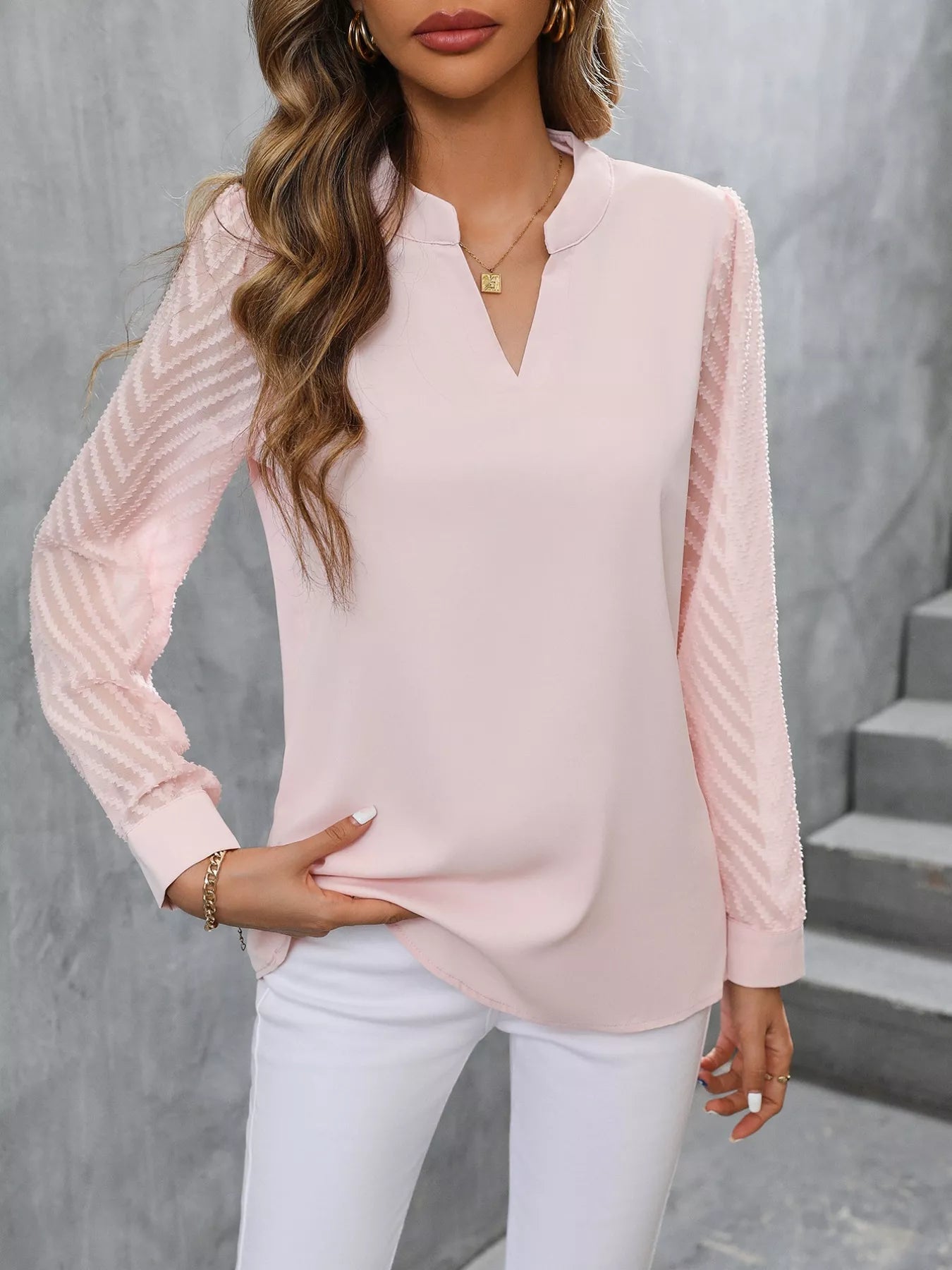 Sheer Sleeve V-Neck Blouse