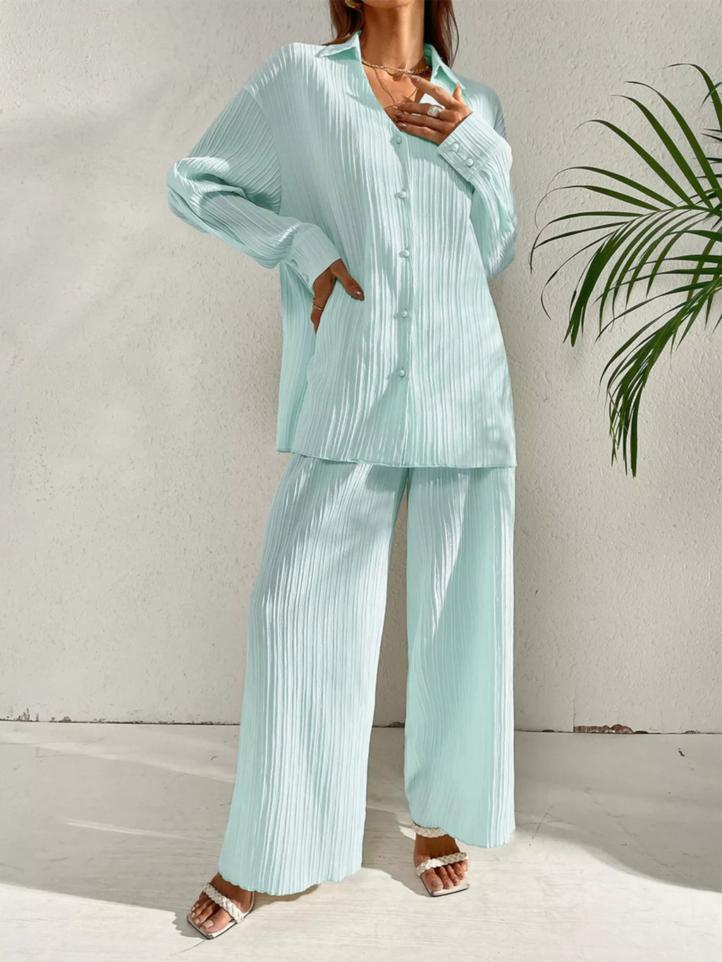 Long Sleeve Shirt & Wide Leg Pants Set