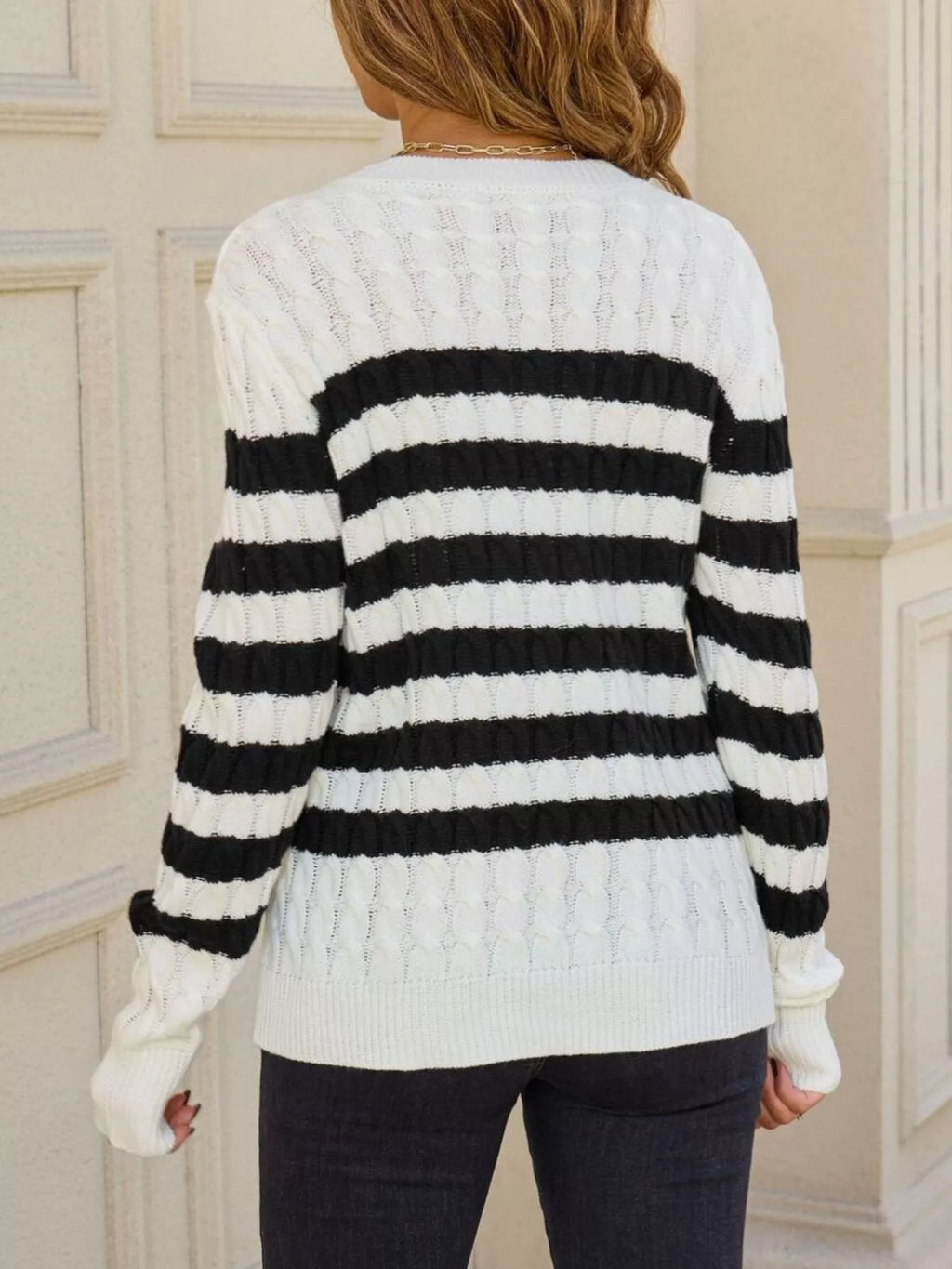 Striped Cable Knit Round Neck Sweater