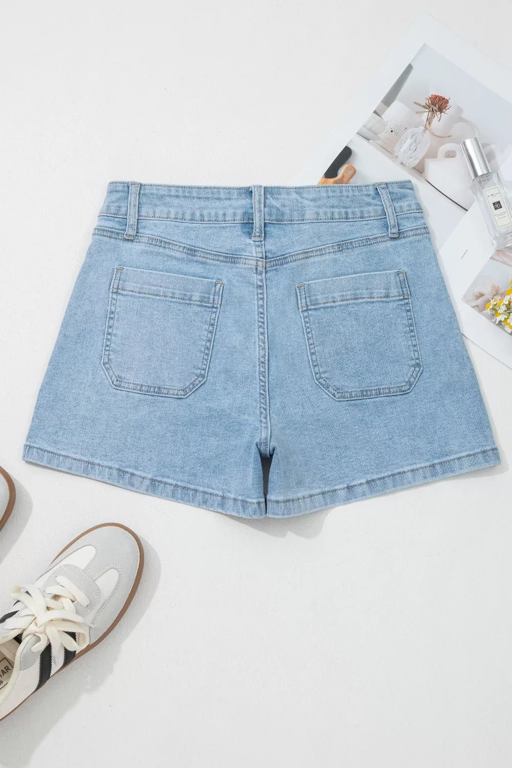 High Rise Patch Pocket Denim Shorts