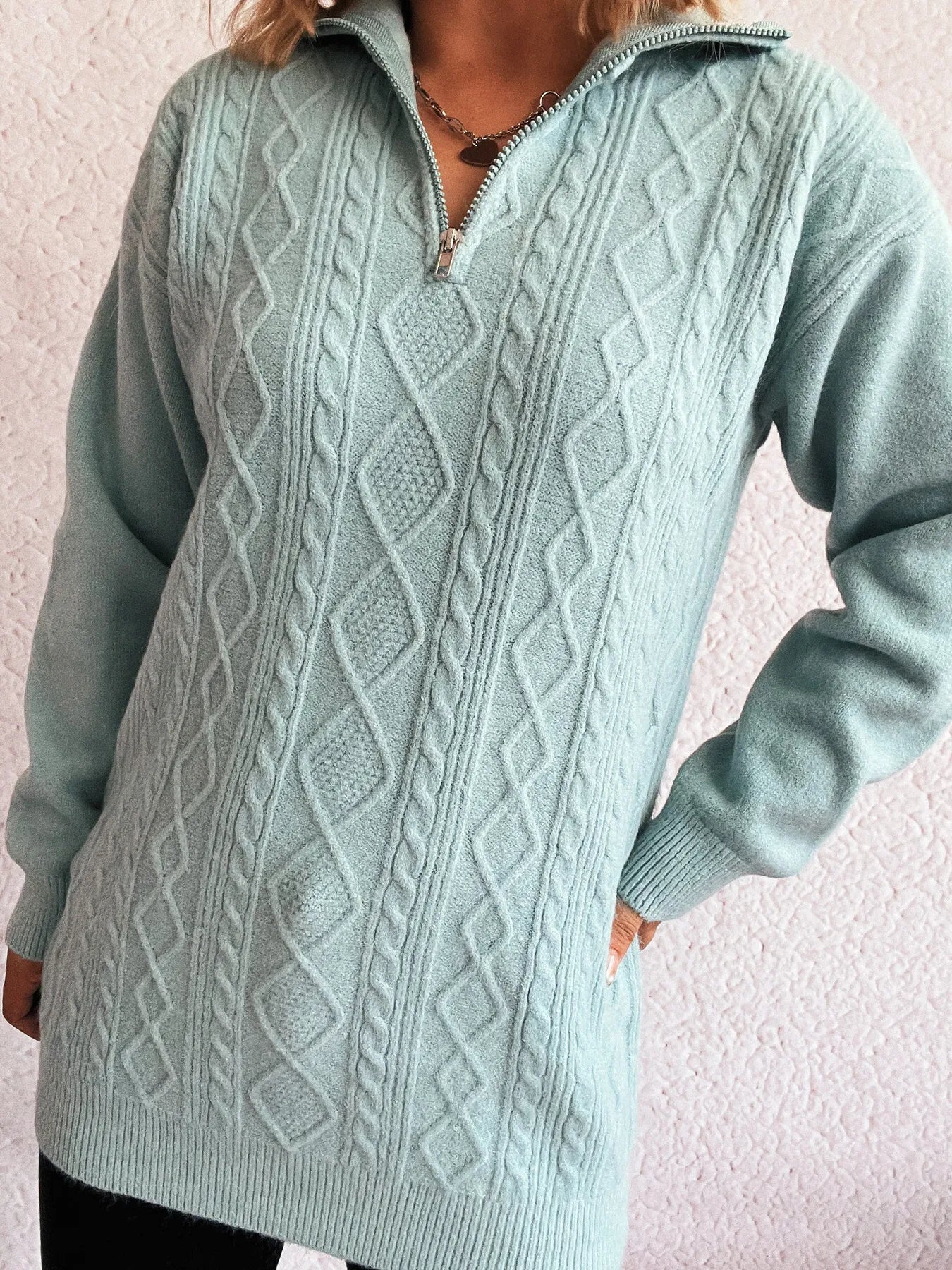 Texture Zip Collar Long Sleeve Sweater