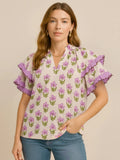 Umgee Floral Print Ruffle Short Sleeve Blouse