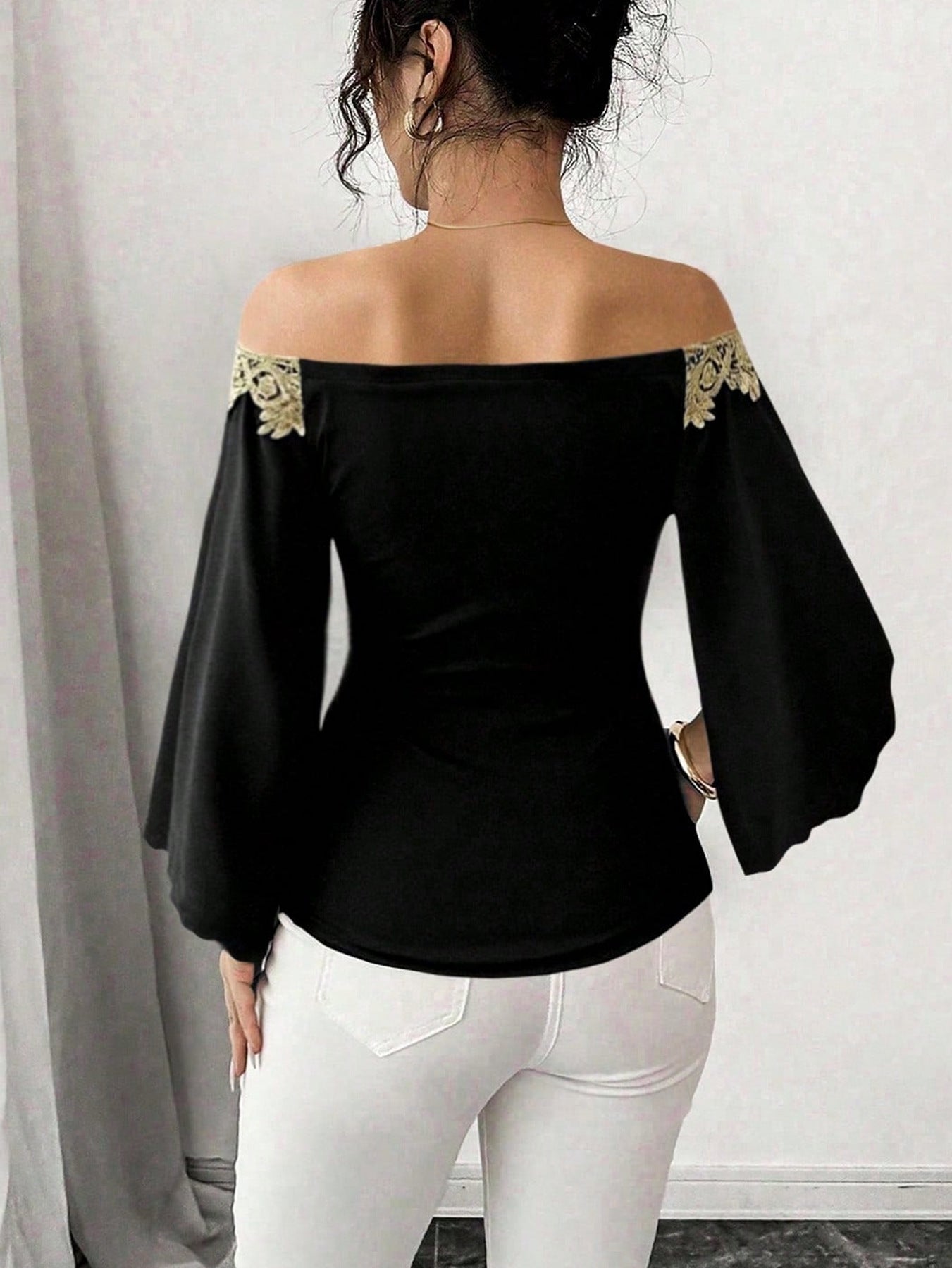 Off-Shoulder Embroidered Bell Sleeve Top
