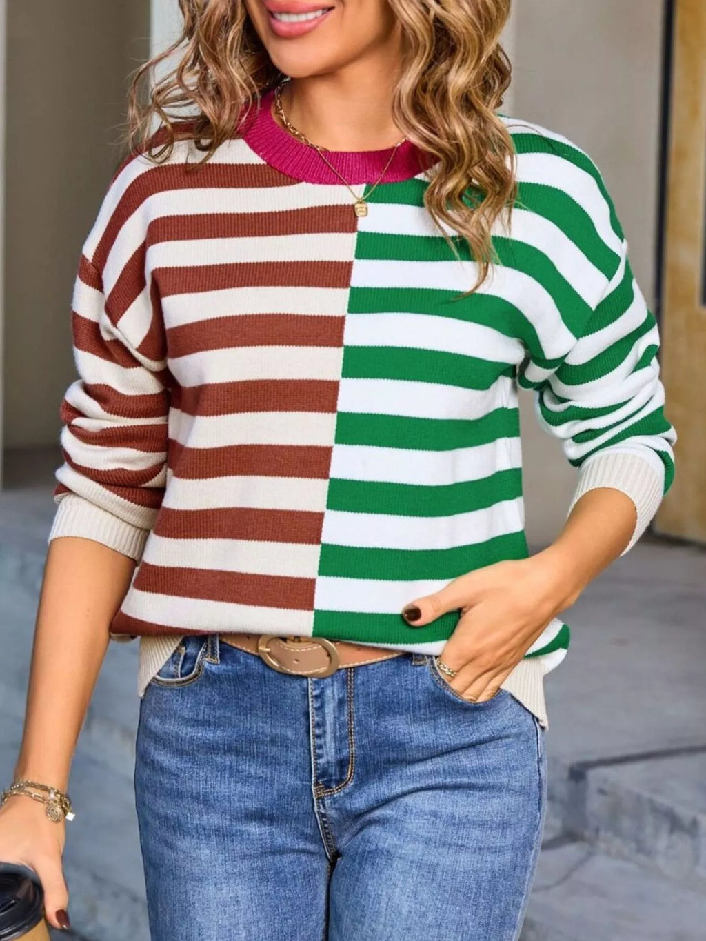 Striped Round Neck Long Sleeve Sweater