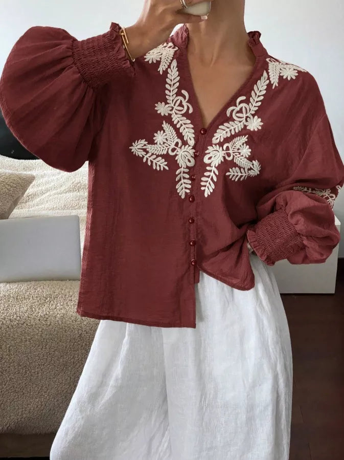 Embroidered Notched Long Sleeve Blouse