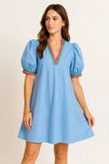 Notched Puff Sleeve Swing Dress