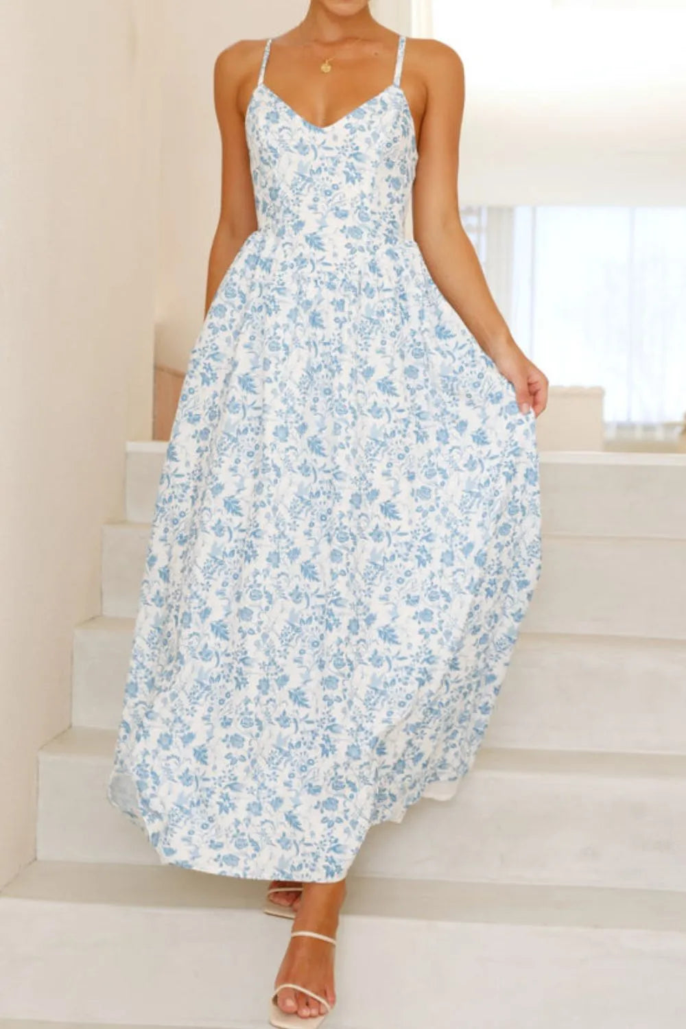 Bow Back Printed V-Neck Cami Dress