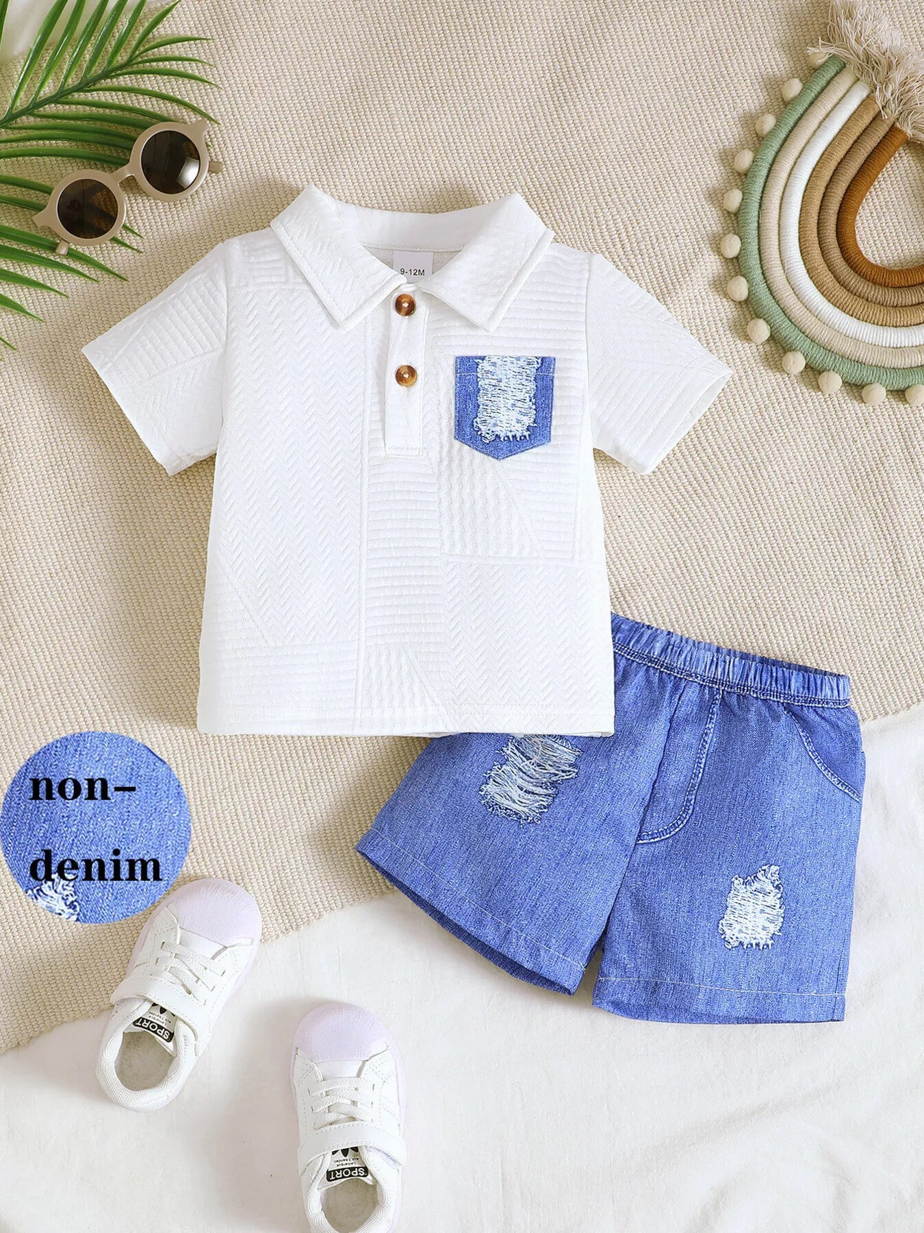 Children's Textured Polo Shirt & Ripped Shorts Set