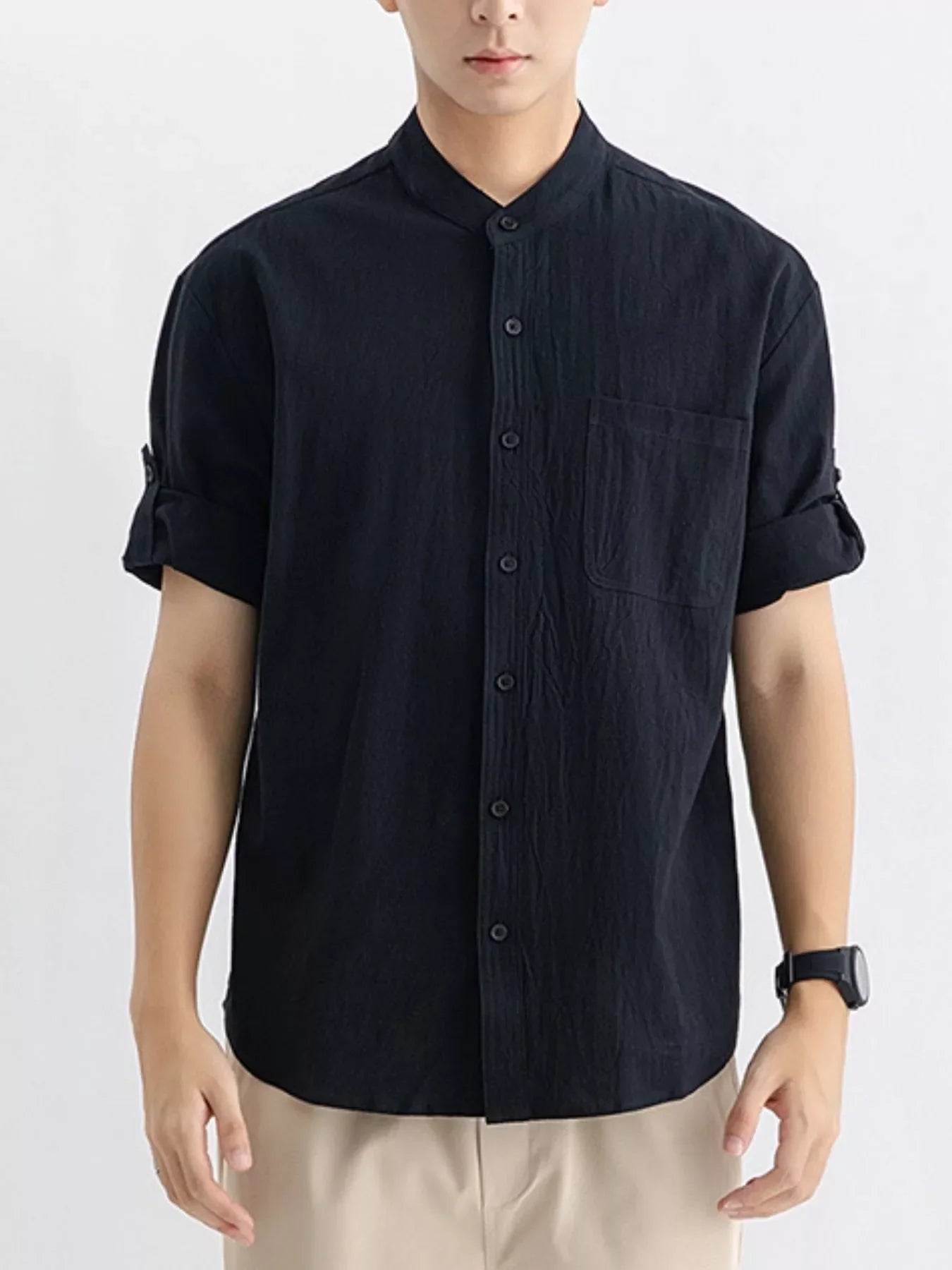 Men's Plus Size Casual Button Up Roll Up Sleeve Shirt