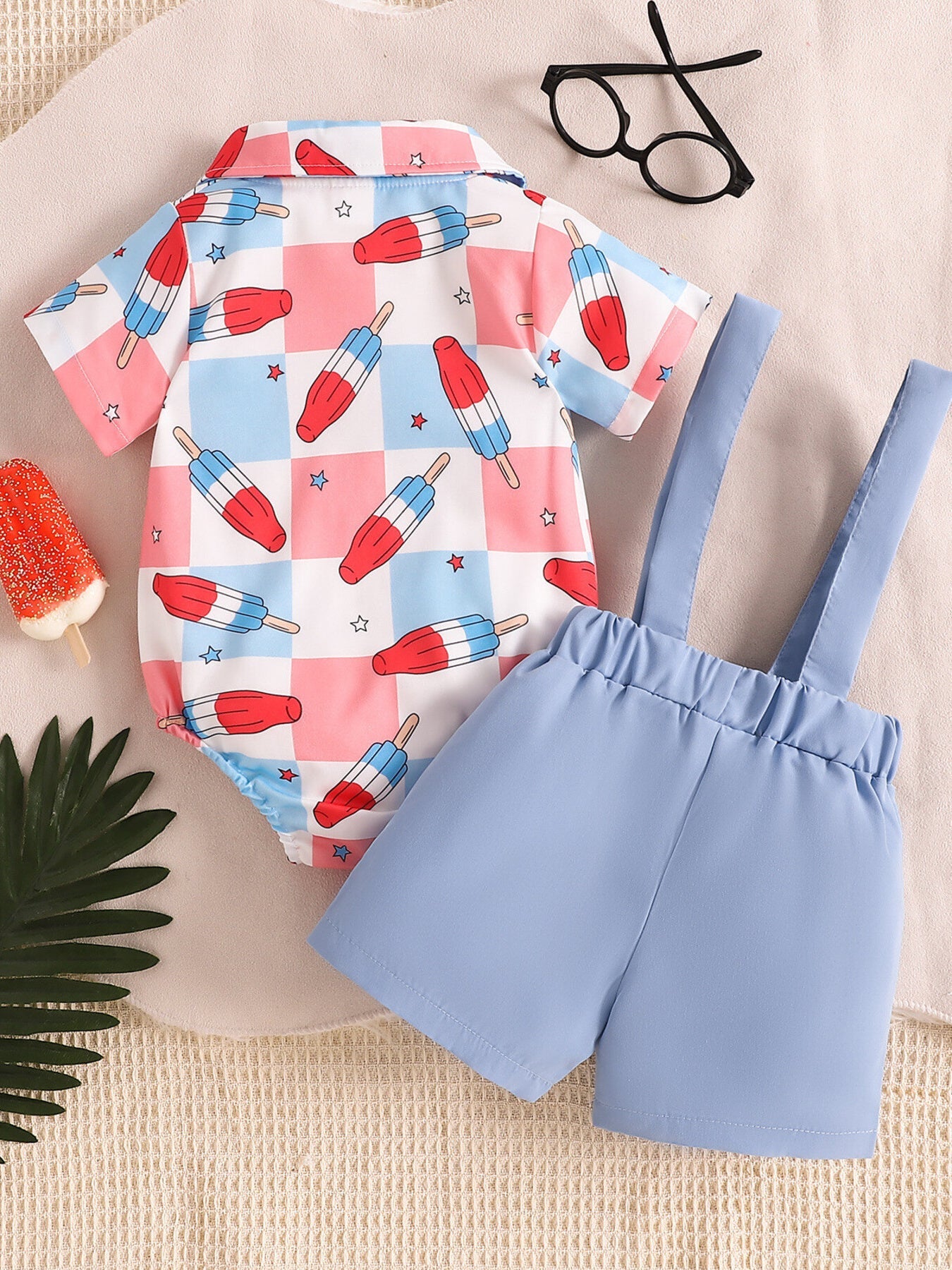 Children's USA Print Bow Decor Bodysuit and Suspender Shorts Set