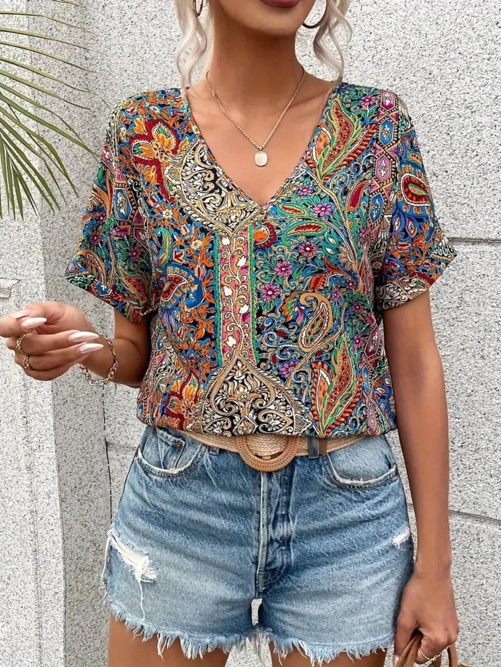 Bohemian Paisley Print V-Neck Short Sleeve T-Shirt