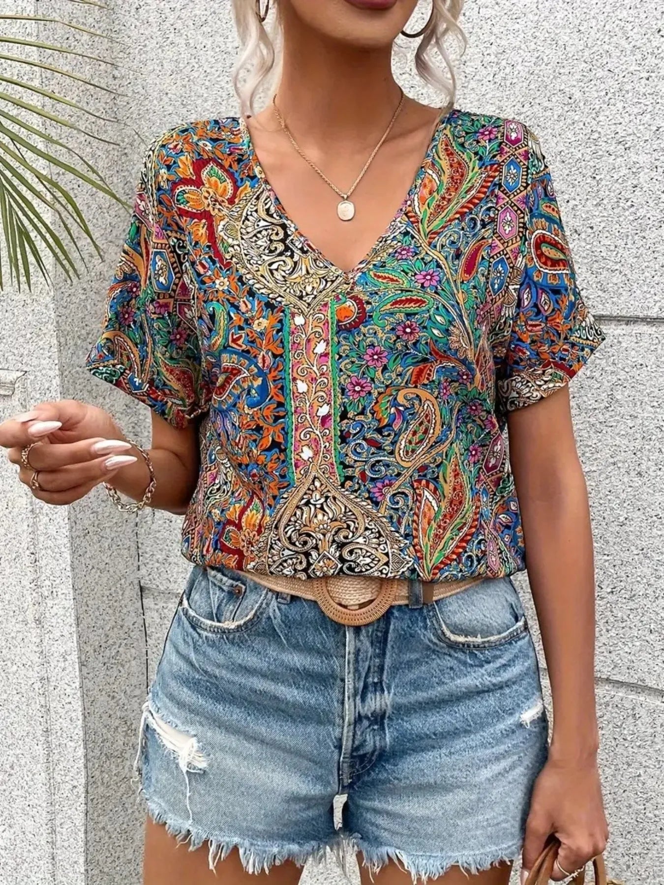 Bohemian Paisley Print V-Neck Short Sleeve T-Shirt