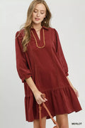 Umgee Corduroy Contrast Trim Tiered Babydoll Dress