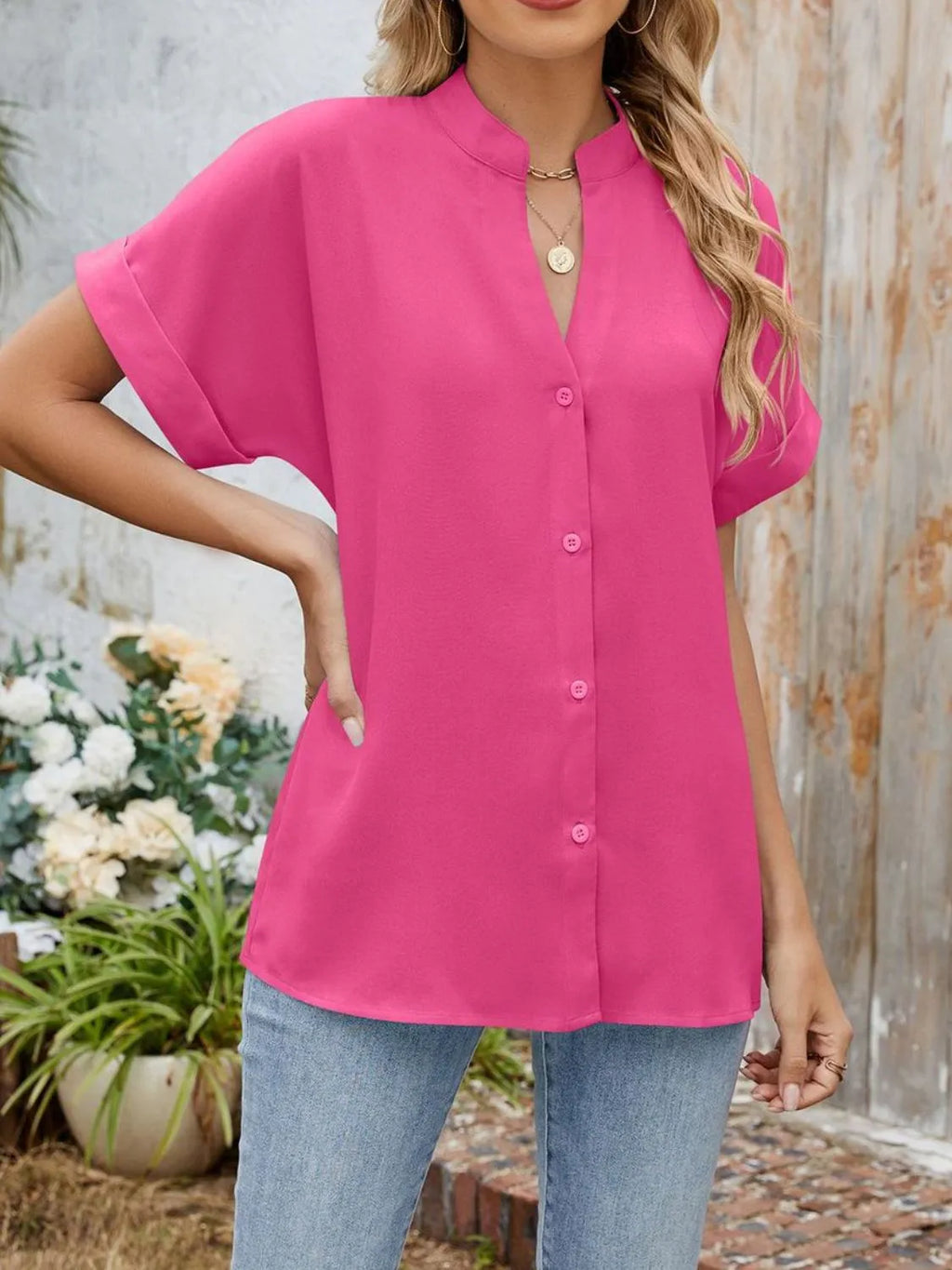 Notched Short Sleeve Blouse