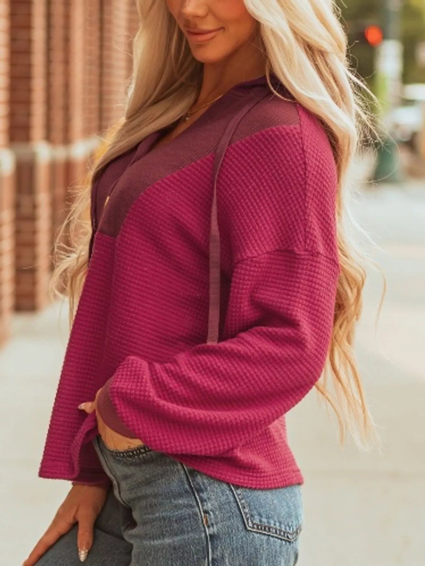 Waffle Knit Henley Sweatshirt with Button Detail