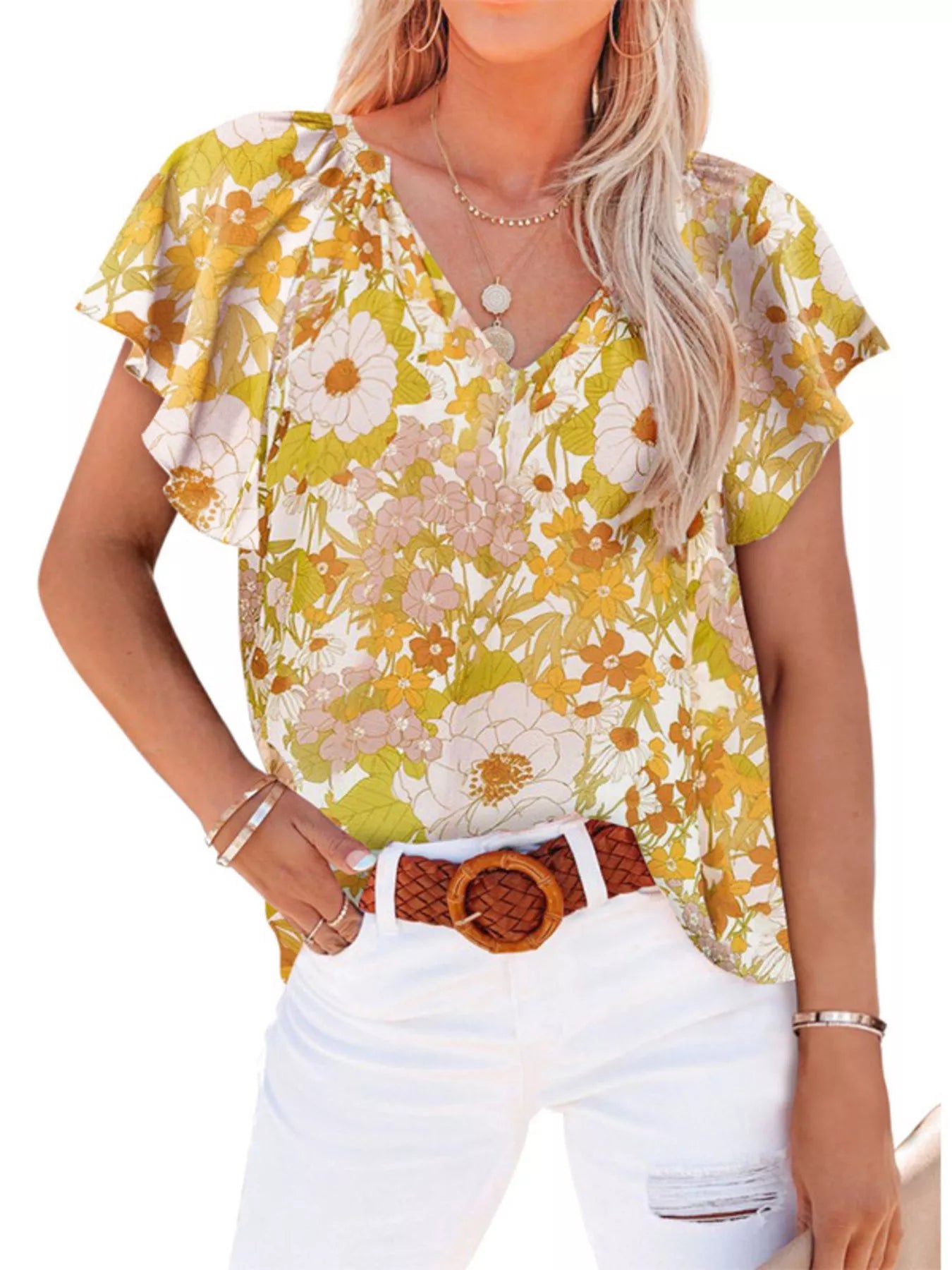 Full Size Floral Print Flutter Sleeve V-Neck Blouse Plus Size