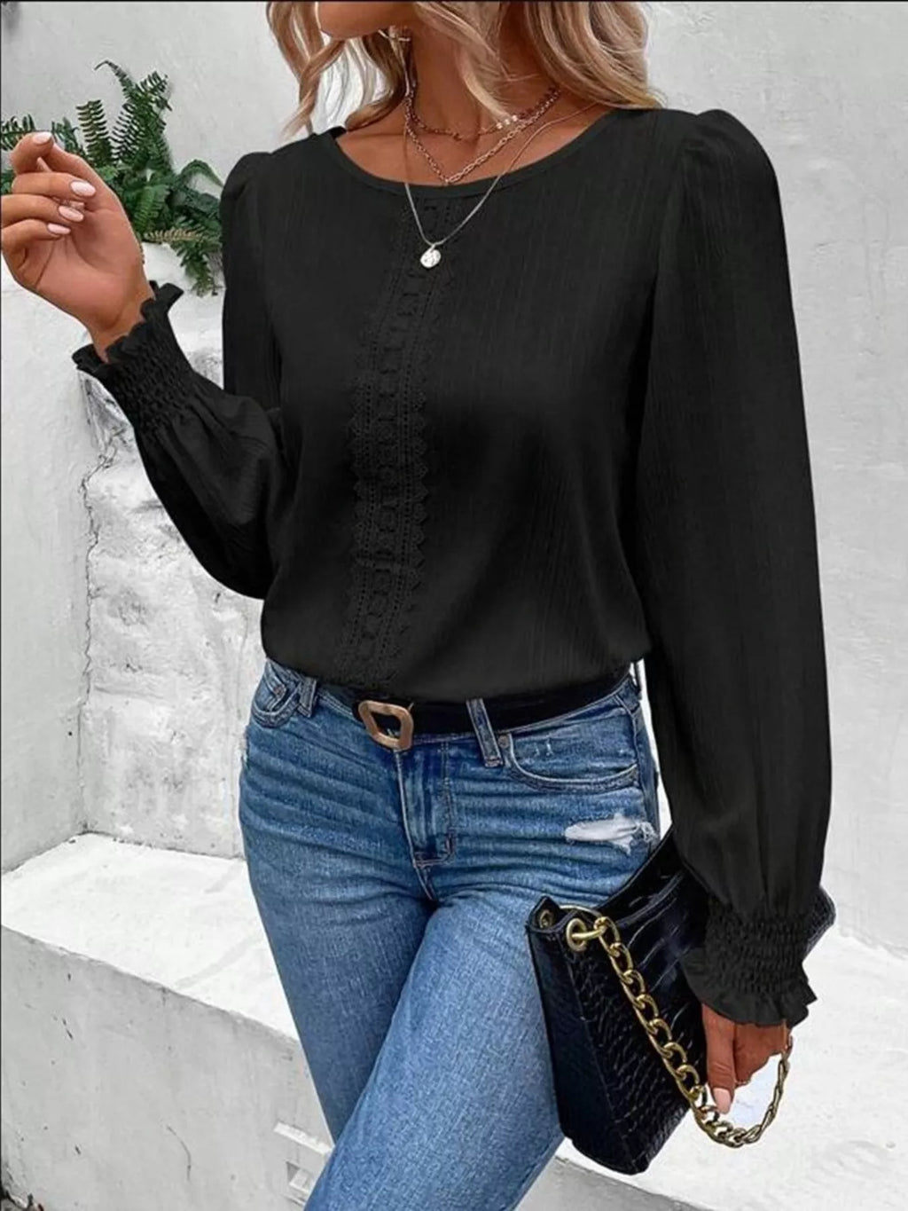 Lace Trim Long Sleeve Blouse