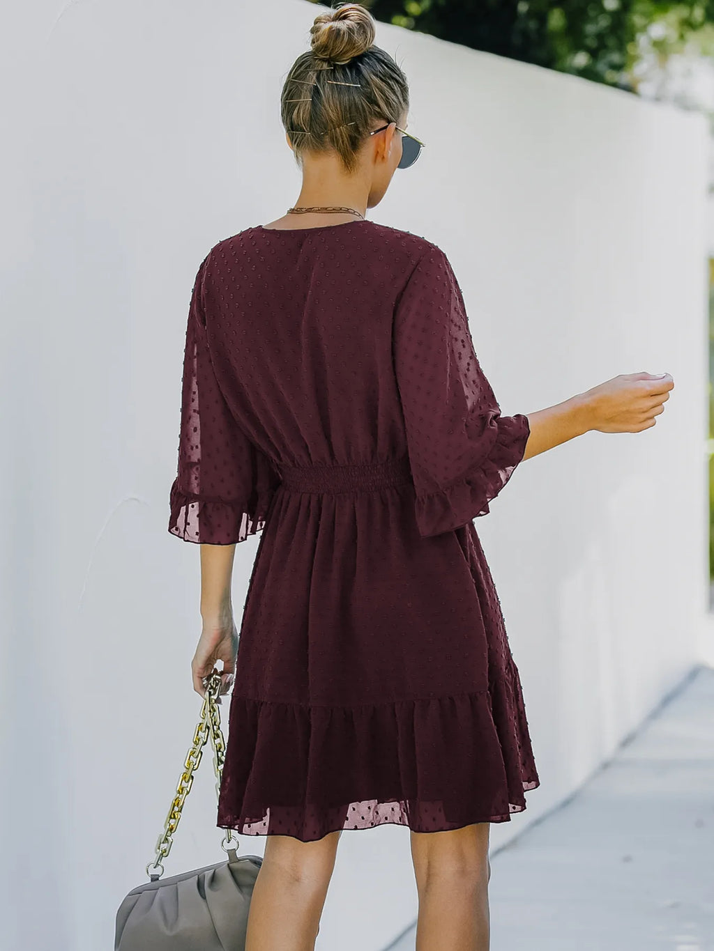 Swiss Dot Flare Sleeve Wrap Mini Dress