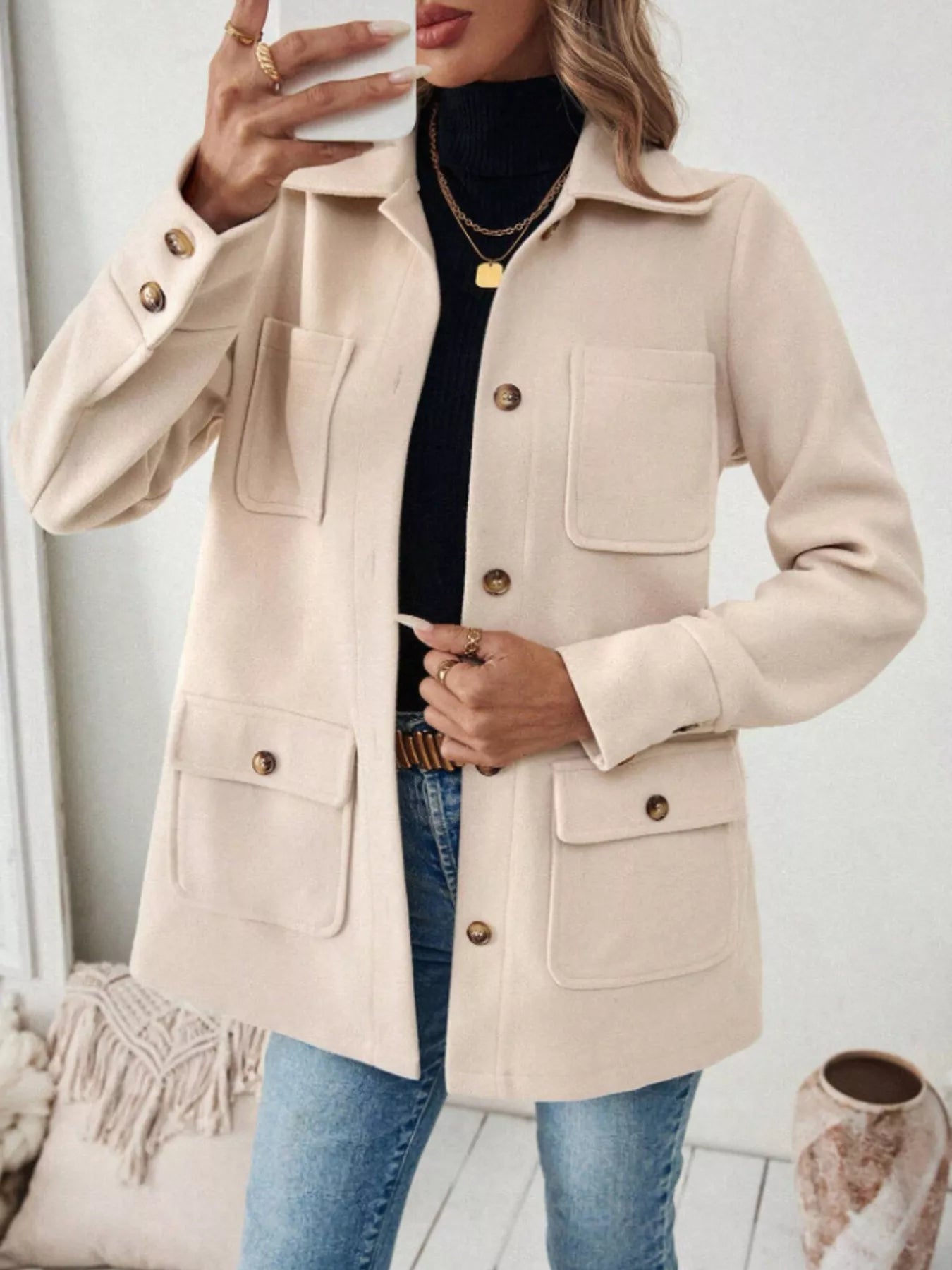 Button-Front Pocketed Long Sleeve Outerwear