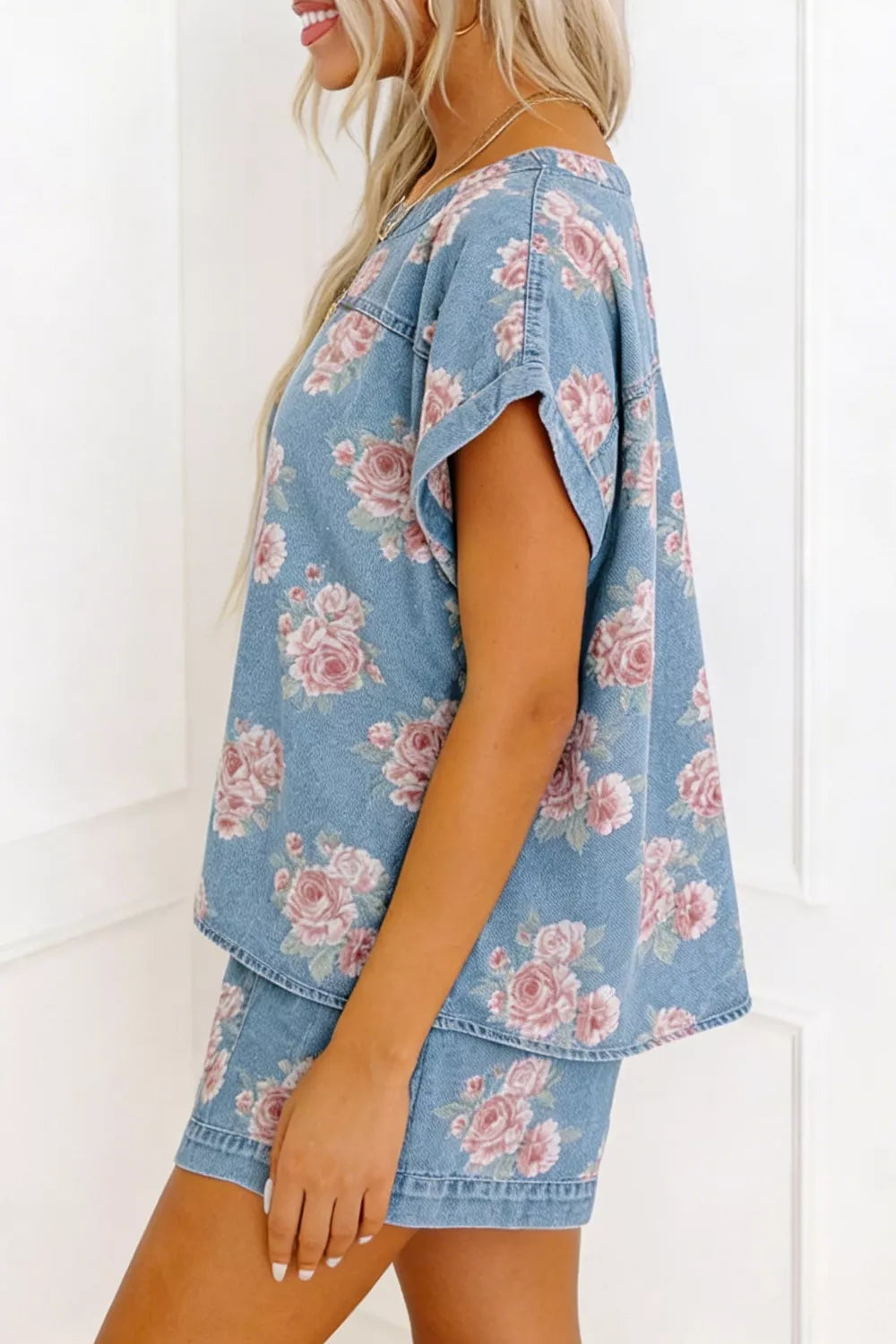 Floral Print Top and Shorts Denim Set