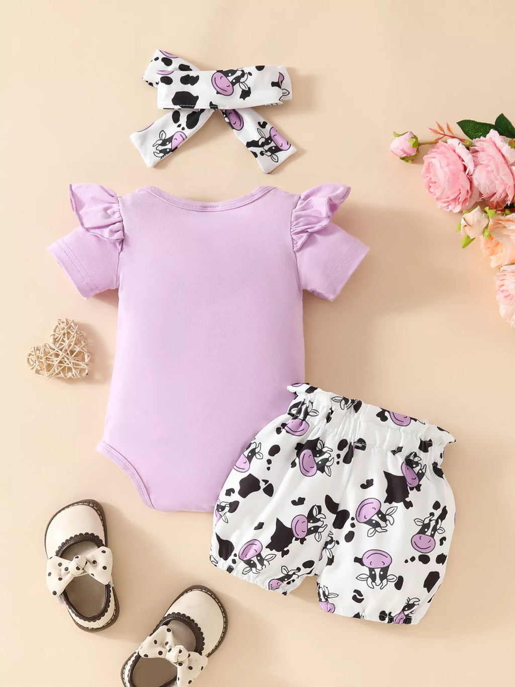 Children's Ruffled Cow Bodysuit and Shorts Set with Headband