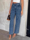 Pearl Embellished High Waist Straight Leg Jeans