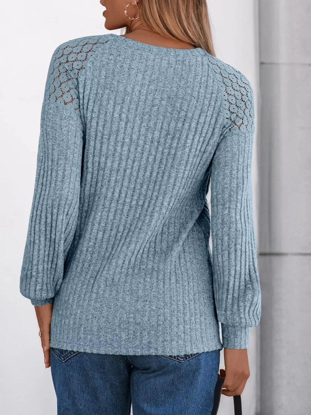 Ribbed Knit T-Shirt with Lace Shoulder Detail