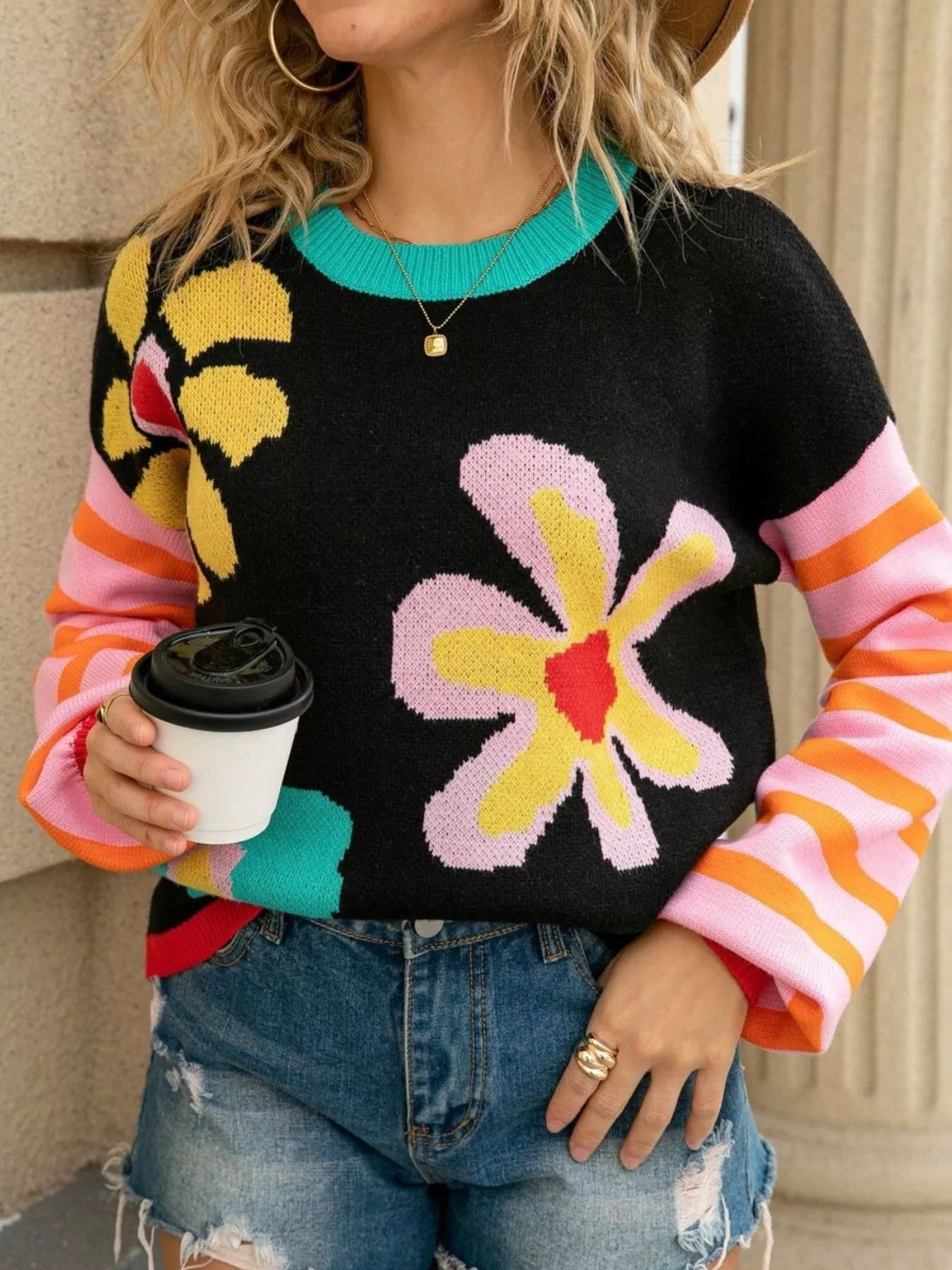 Floral Striped Crew Neck Sweater