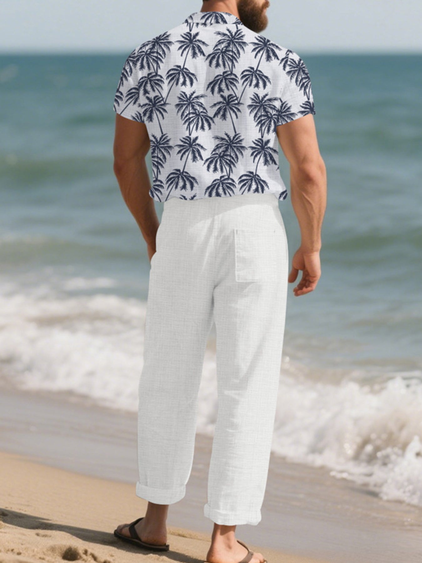 Men's Full Size Tropical Palm Print Button Up Shirt and Pants Set Plus Size