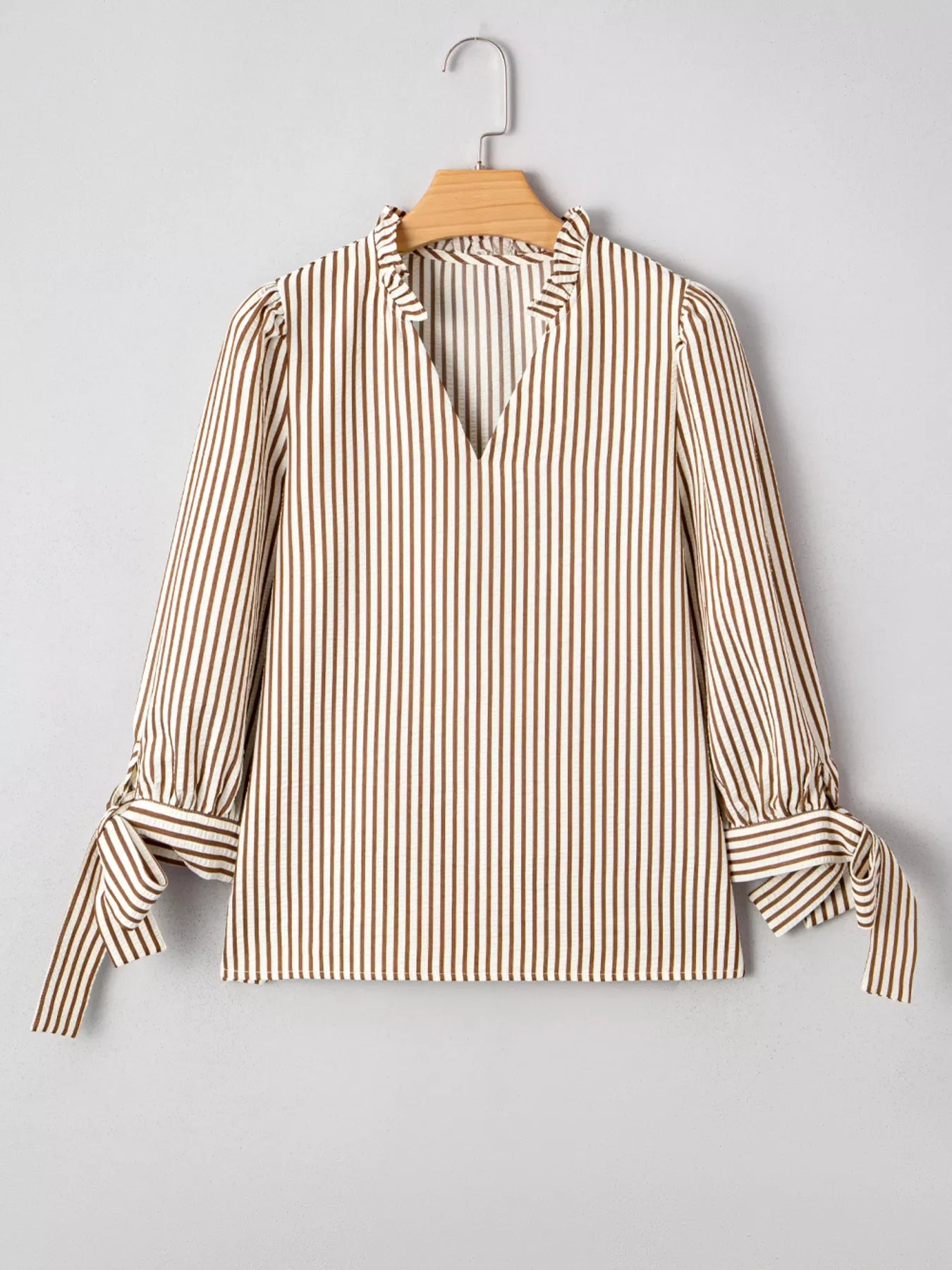 Striped Ruffled Neck Blouse with Tie Sleeves