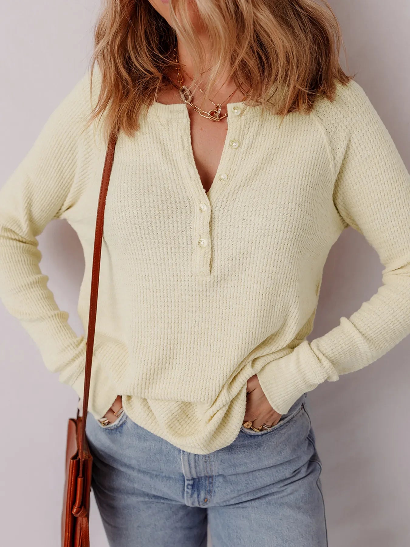 Textured Knit Half Buttons Henley Top