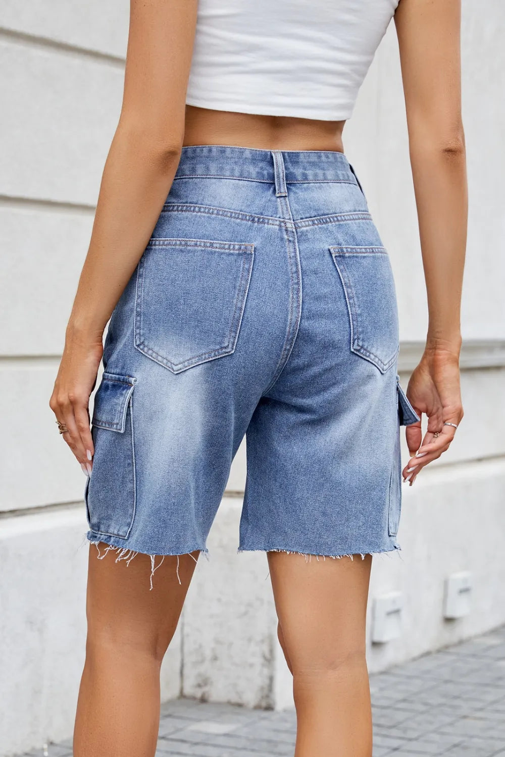 Raw Hem Washed Denim Shorts with Cargo Pockets
