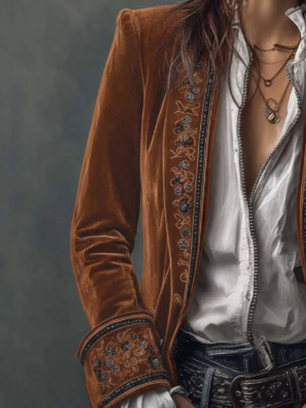 Embroidered Velvet Long Sleeve Outerwear