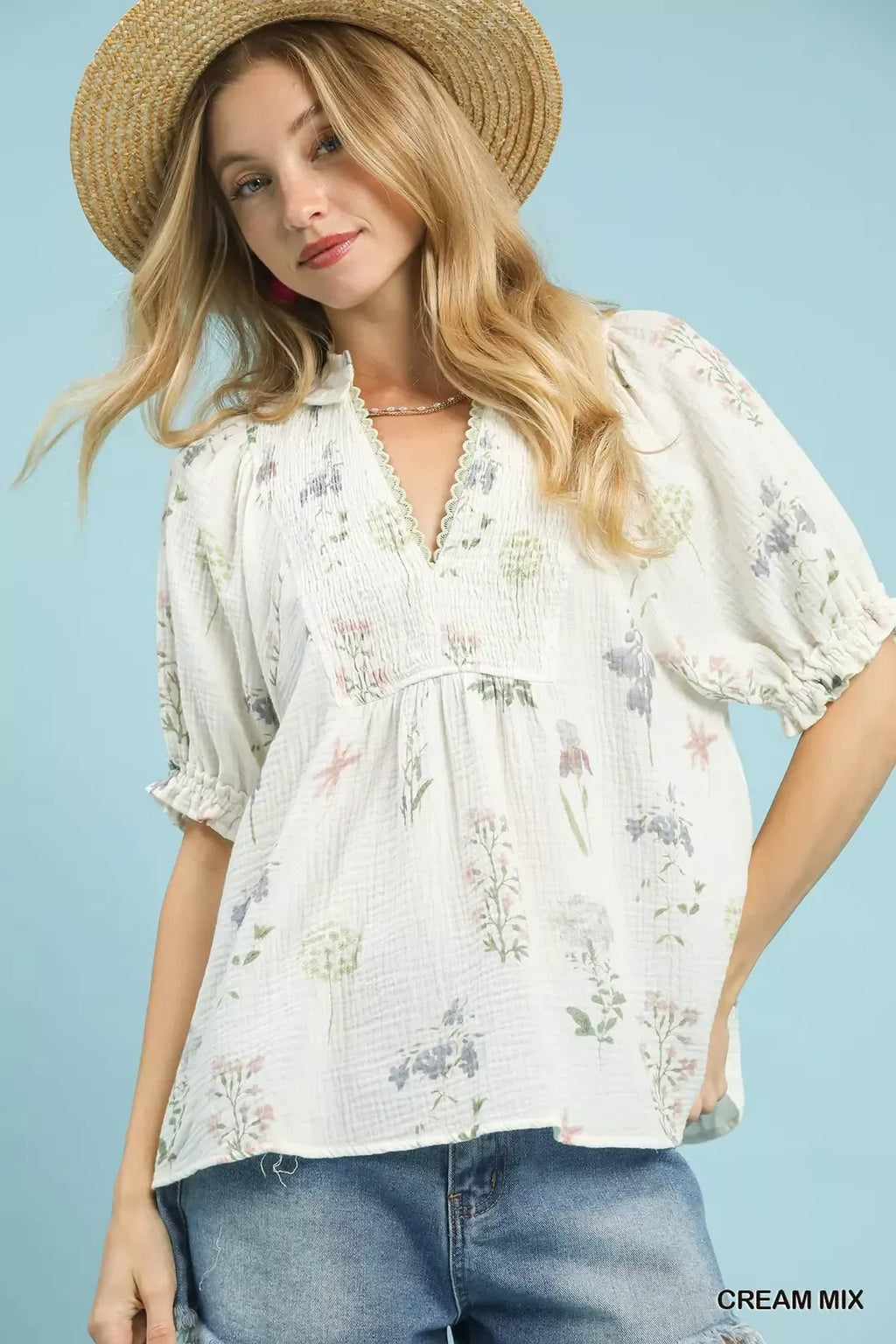 Umgee Floral Print Cotton Gauze Top