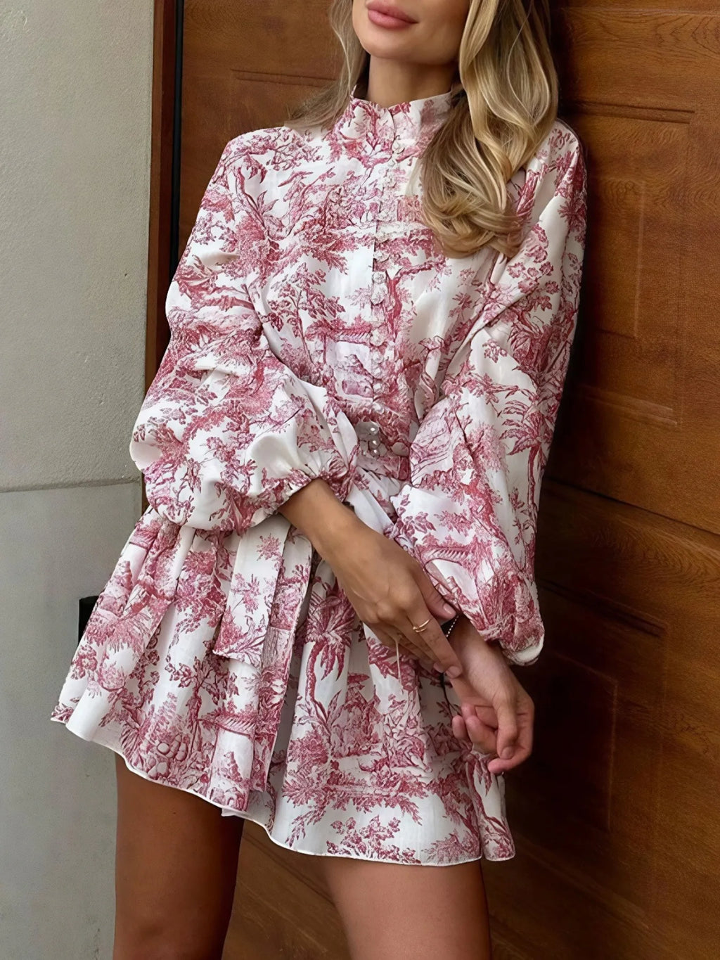 Printed Balloon Sleeve Tie Waist Dress