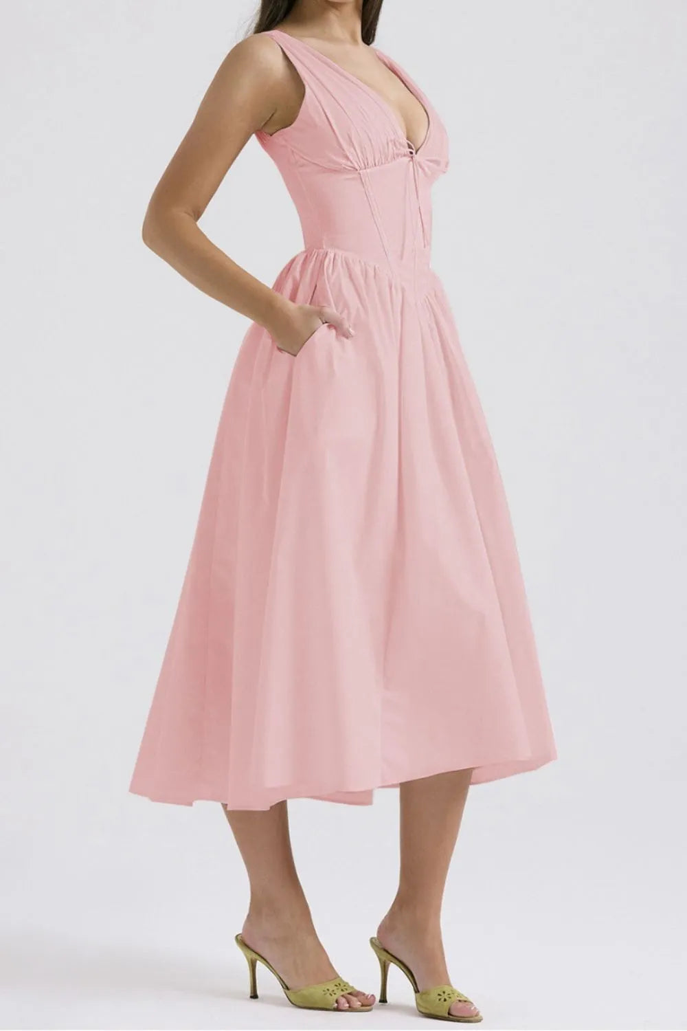 Ruched V-Neck Sleeveless Dress with Pockets