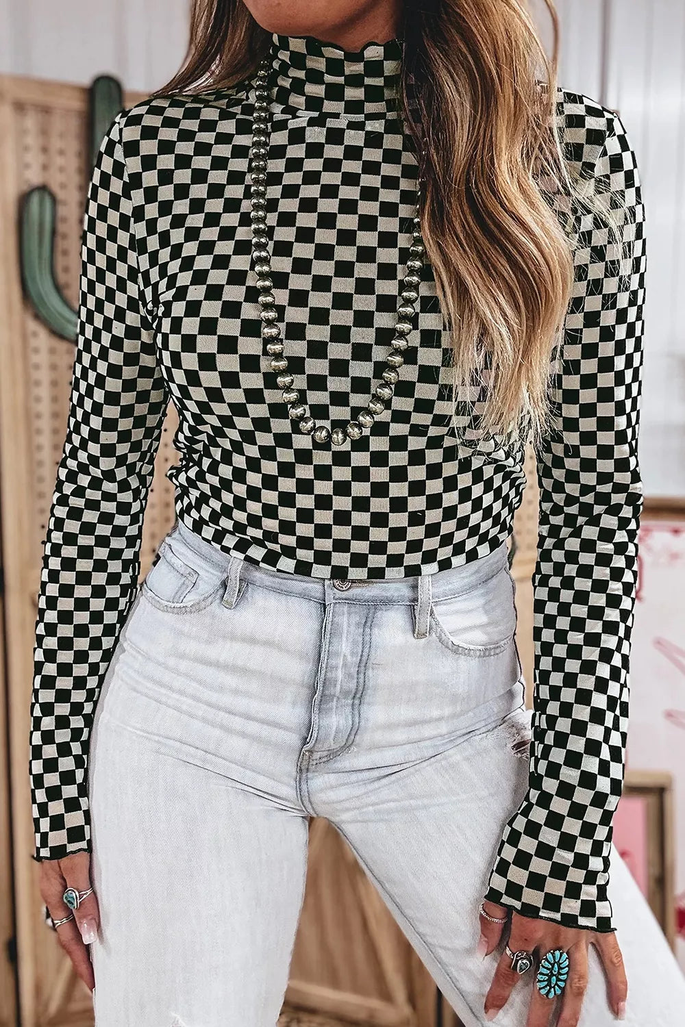 Plaid Stand Neck Long Sleeve Mesh Top