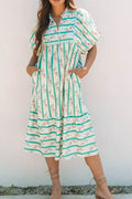 Striped Floral Print Tie Neck Puff Sleeve Midi Dress