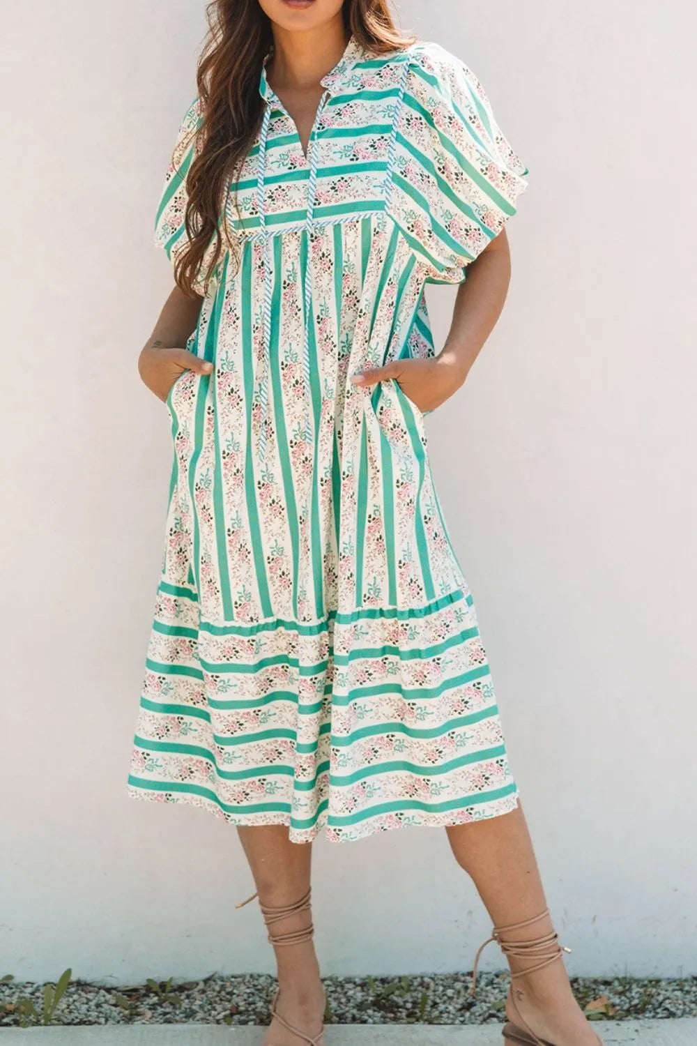 Striped Floral Print Tie Neck Puff Sleeve Midi Dress